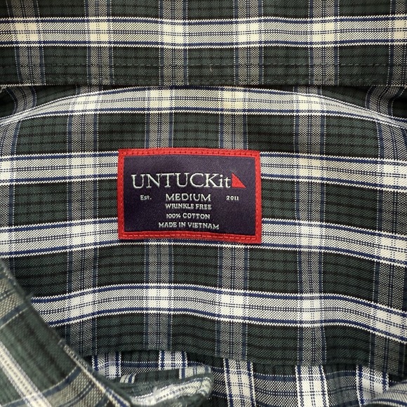 UNTUCKit Shirt Green Blue Plaid Wrinkle Free Cotton Button Up Men's Medium - Picture 4 of 4